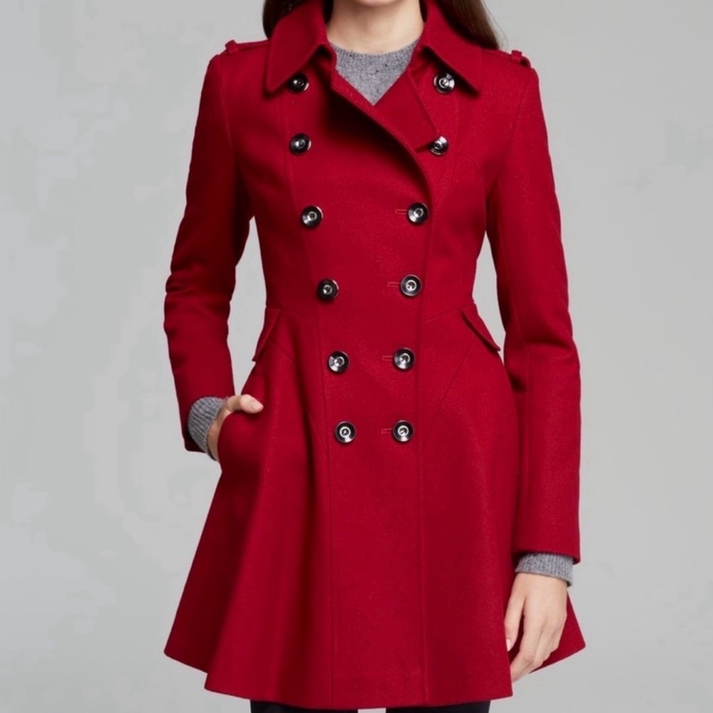 Via Spiga Red Double-Breasted Wool Pea Coat
